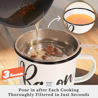 Bacon Grease Container with Strainer - With Food-Grade Silicone Spatula, 24oz Enamel Rustic Farmhouse Fat Container, Keeper, Recipes, Dishwasher Safe