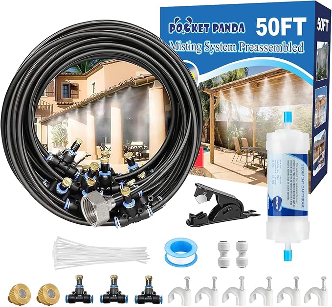 Pre-Assembled Misters for Outside Patio,Outdoor Misting Cooling System w Filter,50FT|15M.Backyard Mist Kit for Garden,Greenhouse,Deck,Umbrella,Canopy,Pool,Porch,Trampoline,Park.