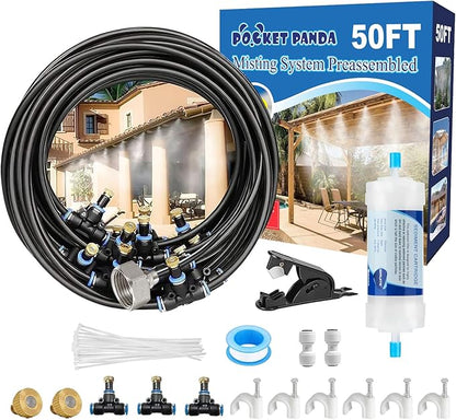 Pre-Assembled Misters for Outside Patio,Outdoor Misting Cooling System w Filter,50FT|15M.Backyard Mist Kit for Garden,Greenhouse,Deck,Umbrella,Canopy,Pool,Porch,Trampoline,Park.