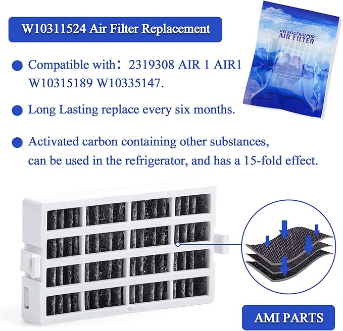 AMI PARTS W10311524 AIR1 Fresh Flow Air Filter & W10346771A Produce Preserver Replacement Compatible with Refrigerator (Pack of 2 Each)