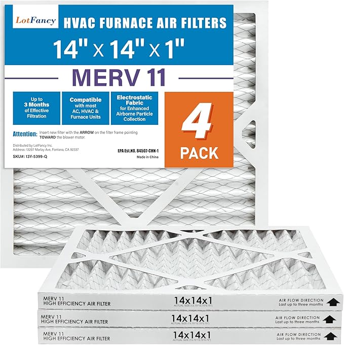 LotFancy 14x14x1 Air Filter MERV 11 4-Pack, Electrostatic Pleated AC Furnace Air Filter, Captures Dust, Smog & Pet Dander, Actual Size: 13.75"x13.75"x0.75"