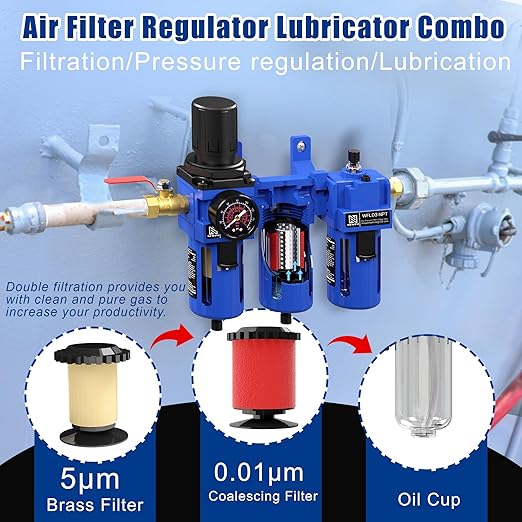 NEWPO 3/8'' NPT Compressed Air Filter Regulator Lubricator Combo Water/Oil Trap Separator with Pressure Gauge,Brass Filter and Coalescing Filter,Semi-Auto Drain, Metal Bracket-Blue