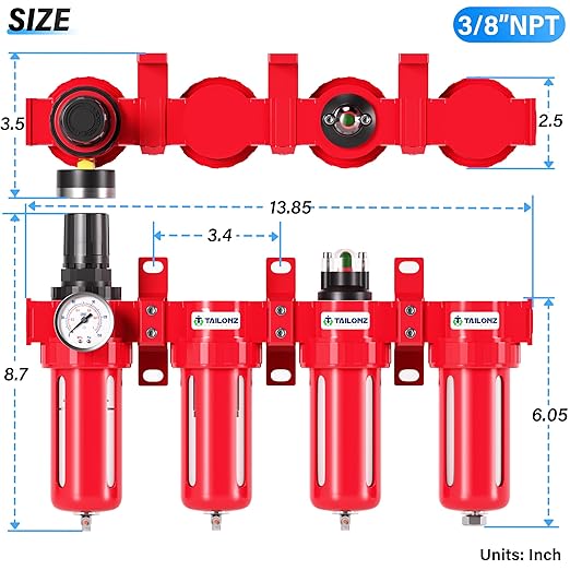 TAILONZ PNEUMATIC 3/8 Inch NPT 0-150 PSI Red Industrial Grade 4 Stage Air Drying System, Double Particulate Filter, Coalescing Filte,Desiccant Dryer and Air Regulator Manual Drainage