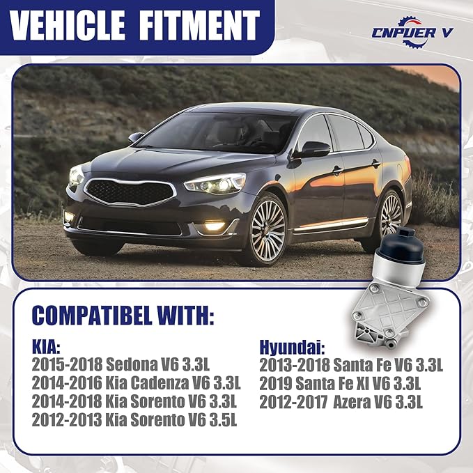 Oil Filter Housing Assembly, Complete Aluminum Plastic Cap Engine Oil Cooler, Compatible with Kia Sedona Cadenza Sorento, Hyundai Santa Fe Azera 2012-2019, OEM:26300-3CAB0 26300-3CAB1 (Plastic Cap)