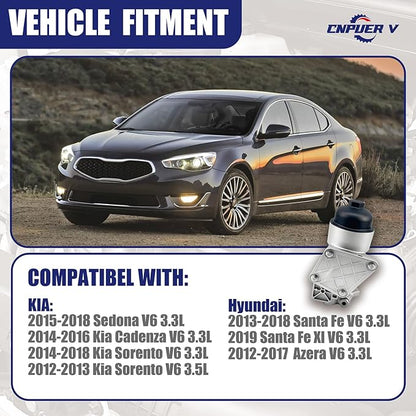 Oil Filter Housing Assembly, Complete Aluminum Plastic Cap Engine Oil Cooler, Compatible with Kia Sedona Cadenza Sorento, Hyundai Santa Fe Azera 2012-2019, OEM:26300-3CAB0 26300-3CAB1 (Plastic Cap)