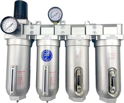4 STAGE SUPER DUTY INDUSTRIAL GRADE ULTRA CLEAN FILTER REGULATOR COALESCING DESICCANT DRYER SYSTEM FOR COMPRESSED AIR LINES METAL BOWLS GREAT FOR PAINT SPRAY AND PLASMA CUTTER (1"NPT MANUAL DRAIN)