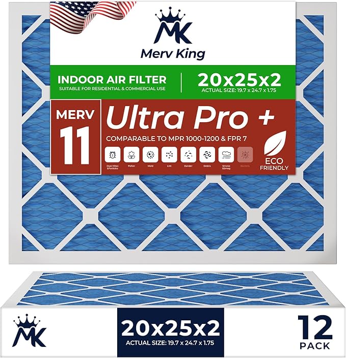 MervKing 20x25x2 Air Filter Actual Size: 19.7" x 24.7" x 1.75" MERV 11 MPR 1000-1200 | MADE IN USA | 12-Pack | Pleated HVAC AC Furnace Replacement