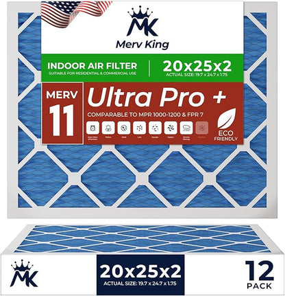 MervKing 20x25x2 Air Filter Actual Size: 19.7" x 24.7" x 1.75" MERV 11 MPR 1000-1200 | MADE IN USA | 12-Pack | Pleated HVAC AC Furnace Replacement