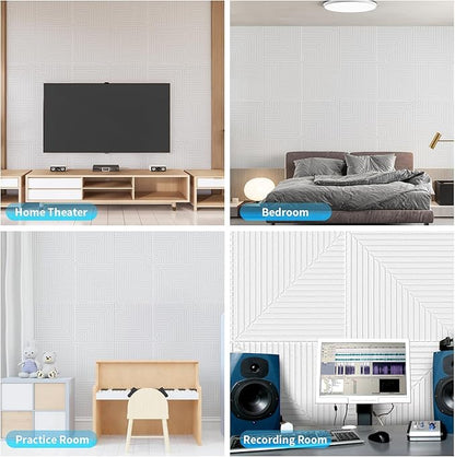 Art3d 6-Pack Self-Adhesive Acoustic Wall Panels for Home Décor, 24 x 24 Inch Soundproofing Panels for Office Studio Bedroom - High Noise Absorption Polyester Fiber, White