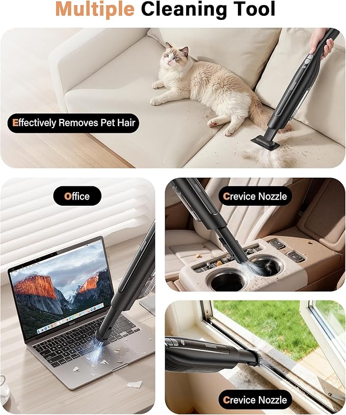 Handheld Vacuum Cordless,24KPA High Power Car Vacuum with Brushless Motor,LED Light,Charging Dock,Rechargeable Hand Held Vacuum Cleaner with Reusable Filter for Car,Home,Office,Pet Pair,Bk