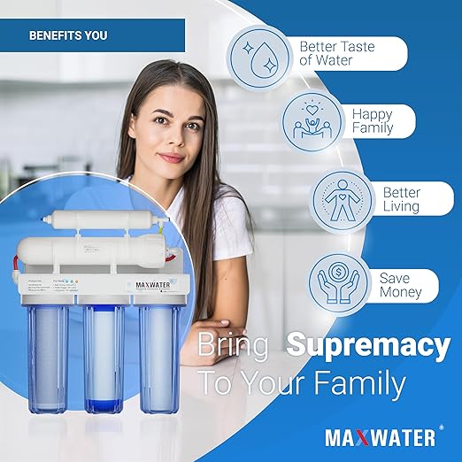 Max Water 5 Stage 100 GPD Reverse Osmosis Water Filtration System + Faucet-B + NSF Certified Tank + 7 Extra Replacement Filter Cartridges - Wall Mount/Under Sink RO System - Model: RO-5C6