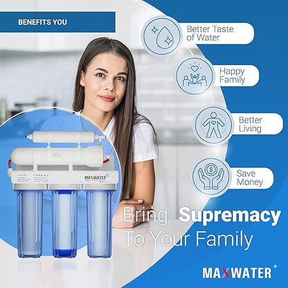 Max Water 5 Stage 100 GPD Reverse Osmosis Water Filtration System + Faucet-B + NSF Certified Tank + 7 Extra Replacement Filter Cartridges - Wall Mount/Under Sink RO System - Model: RO-5C6