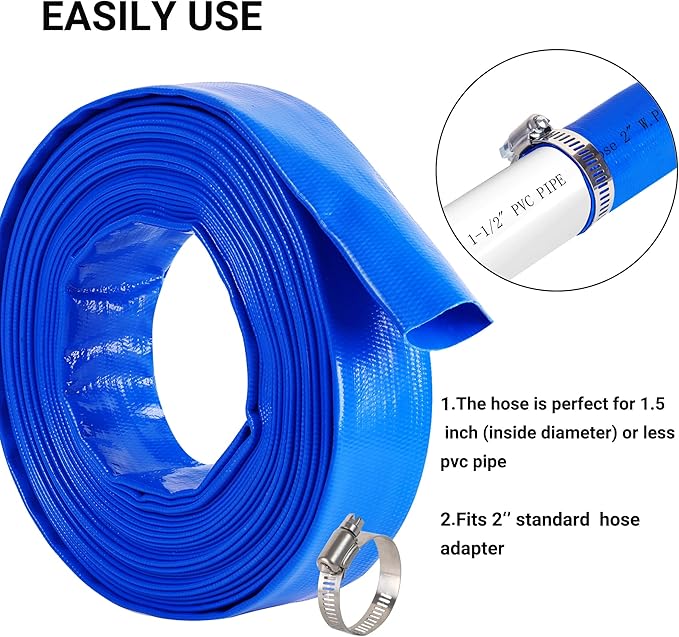 2" x 100 FT Pool Backwash Hose Blue Heavy Duty Reinforced PVC Lay Flat Water Discharge Hose for Swimming Pool Filter Pump,with 2 Clamp