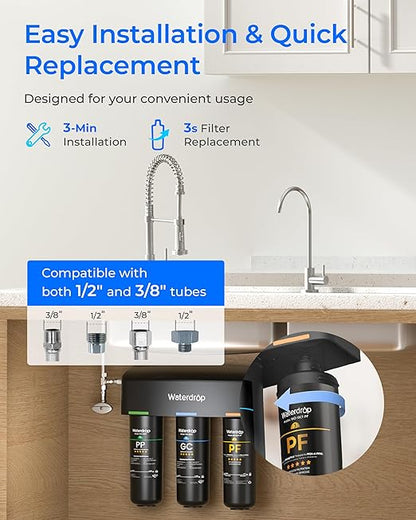 Waterdrop TSB-PF Under Sink Water Filter, 𝐑𝐞𝐝𝐮𝐜𝐞𝐬 𝟖𝟎+ 𝐈𝐦𝐩𝐮𝐫𝐢𝐭𝐢𝐞𝐬-PFAS, Chlorine, Chloramine, Fluoride, Taste&Odor, 9 Layer Under Sink Water Filtration System,with A Separate Faucet