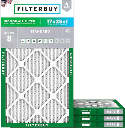Filterbuy 17x25x1 Air Filter MERV 8 Essential Dust & Allergy Defense (4-Pack), Electrostatic Pleated HVAC AC Furnace Filters Replacement, Made in USA (Actual Size: 16.50 x 24.50 x 0.75)