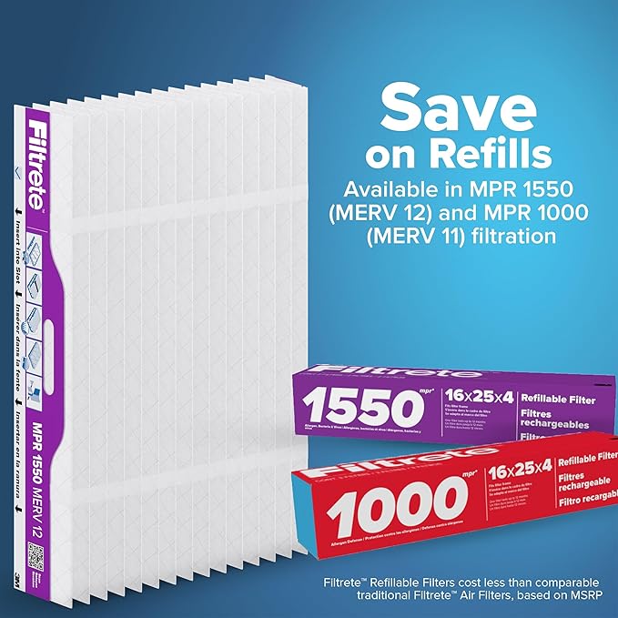Filtrete 20x25x4 Refillable Air Filter Starter Kit, MPR 1550, MERV 12, 1 Reusable Air Filter Frame & 2 Air Filters, Fits Honeywell & Lennox, Allergen Bacteria & Virus, Actual size 19.88 x 24.62 x 4.25