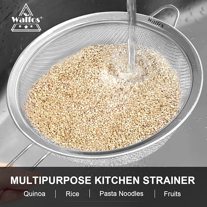 Walfos 6.3 Inch Fine Mesh Strainer, Premium Stainless Steel Sieve and Sifter with Handle, Kitchen Metal Strainers for Rice, Quinoa, Fruits, Noodles, Flour