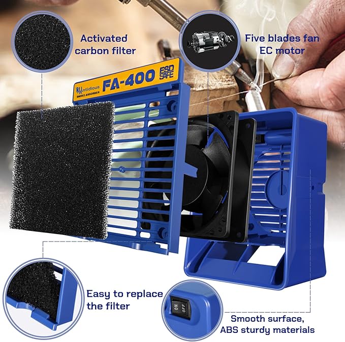 Antidious Fume Extractor Anti-ESD Solder Smoke Absorber Portable Filter for Soldering DIY Fan Extraction Equipment with Spare Activated Carbon for Brazing Welding Soldering, Fume Prevention Remover