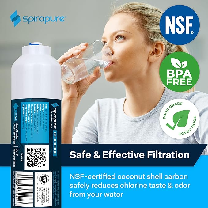SpiroPure Inline Filter NSF Coconut Shell Granular Carbon Water Filter with 1/4" Quick-Connect, 2" x 10" (Case of 25)