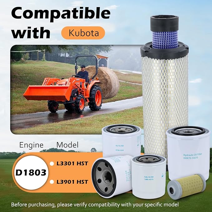 Maintenance Service Filter Kit Compatible with Kubota L3301 HST & L3901 HST with D1803 Engine Replaces# TC620-93230 HH164-32430 TC422-82620 1J800-43170 1G311-43380 HHK70-14070