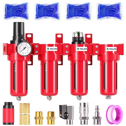 TAILONZ PNEUMATIC 3/8 Inch NPT 0-150 PSI Red Industrial Grade 4 Stage Air Drying System, Double Particulate Filter, Coalescing Filte,Desiccant Dryer and Air Regulator Manual Drainage