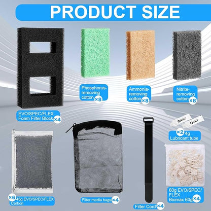 4 Set/48 Pcs Aquarium Filter Compatible with Fluval Spec(3, 5 Gal) Evo(5 Gal) Flex(9 Gallon), Activated Carbon, Foam Filter,Ammonia/Phosphate/Nitrite Remover Pad,Ceramic Ring,Cord, Grease,Bag