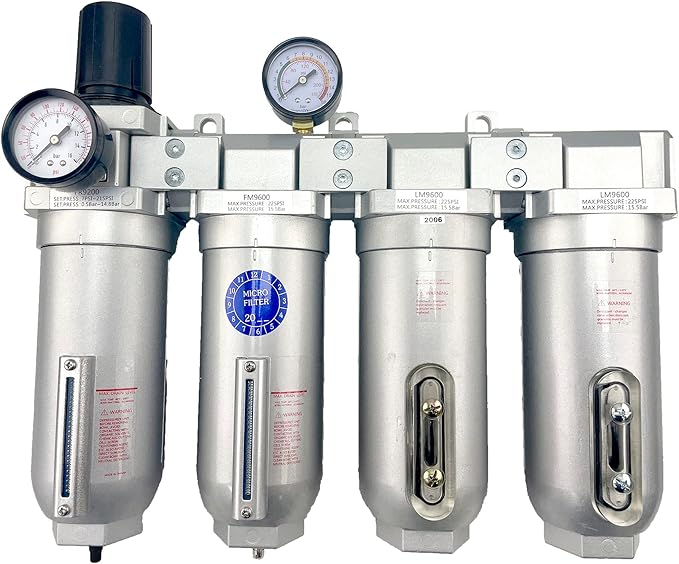 4 STAGE SUPER DUTY INDUSTRIAL GRADE ULTRA CLEAN FILTER REGULATOR COALESCING DESICCANT DRYER SYSTEM FOR COMPRESSED AIR LINES METAL BOWLS GREAT FOR PAINT SPRAY AND PLASMA CUTTER (1"NPT AUTO DRAIN)