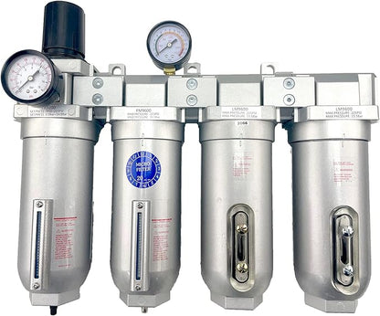 4 STAGE SUPER DUTY INDUSTRIAL GRADE ULTRA CLEAN FILTER REGULATOR COALESCING DESICCANT DRYER SYSTEM FOR COMPRESSED AIR LINES METAL BOWLS GREAT FOR PAINT SPRAY AND PLASMA CUTTER (1"NPT AUTO DRAIN)