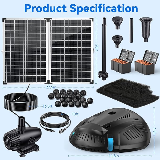 POPOSOAP 70W Solar Pond Filter with Fountain Pump, Solar Powered Water Pump with 580GPH Pond Filter for Outdoor Ponds, Adjustable Diverter Valve for Koi Ponds, Waterfalls, Garden Water Features