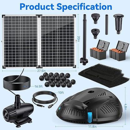 POPOSOAP 70W Solar Pond Filter with Fountain Pump, Solar Powered Water Pump with 580GPH Pond Filter for Outdoor Ponds, Adjustable Diverter Valve for Koi Ponds, Waterfalls, Garden Water Features