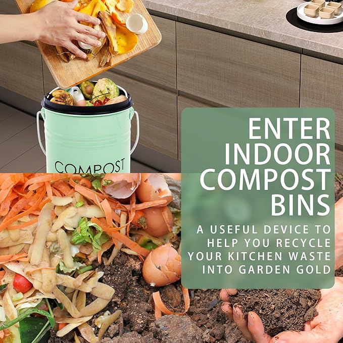 Vipush Compost Bin Kitchen Countertop Composter with lid – Small Compost ContainerI Includes Inner Compost Bucket Liner & Charcoal Filter, Green