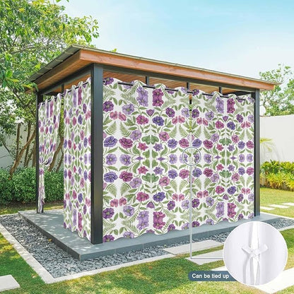 Flowers Outdoor Curtains for Patio Summer Floral Pastoral Farmhouse Plant Waterproof Outside Curtains with Grommet Top Weatherproof Curtain for Cabana Pergola Gazebo, 2 Pack, 54" W x 108" L