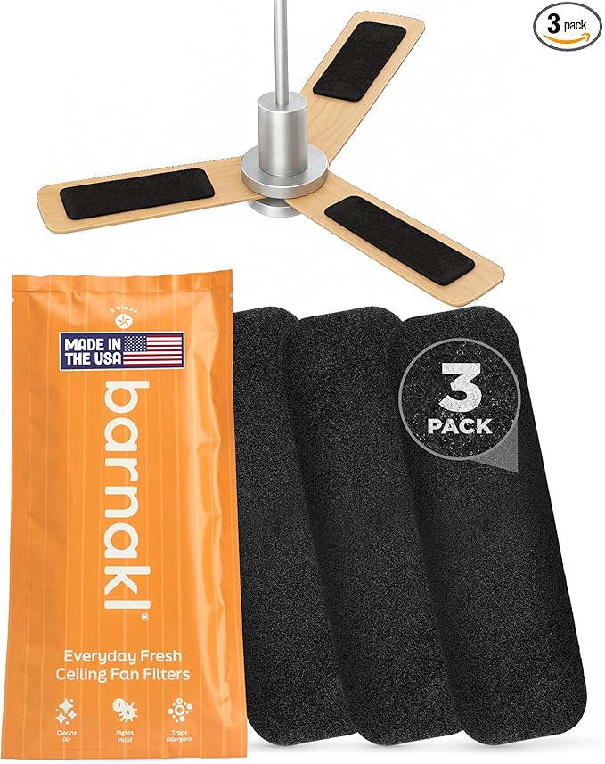 Barnakl Ceiling Fan Air Purifier Pads, Activated Coconut Shell Carbon Fan Filters Trap Dust, Odors & Allergens, Easy-Stick Universal Fit for Ceiling Fan Blades, Odorless & Unscented - (3 Count)
