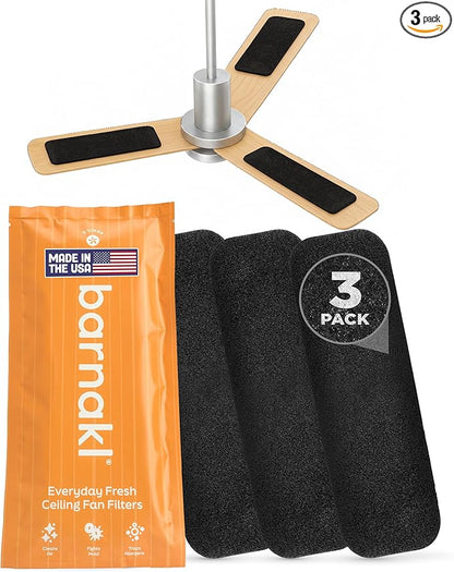 Barnakl Ceiling Fan Air Purifier Pads, Activated Coconut Shell Carbon Fan Filters Trap Dust, Odors & Allergens, Easy-Stick Universal Fit for Ceiling Fan Blades, Odorless & Unscented - (3 Count)