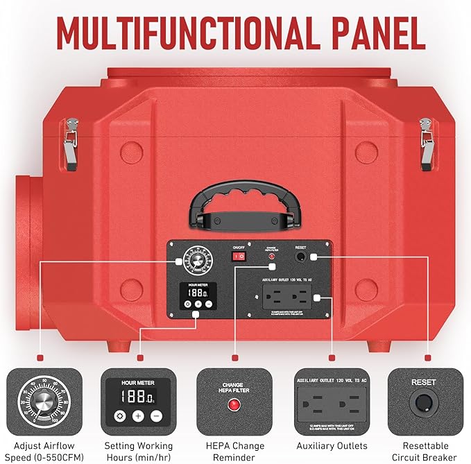 Commercial Air Scrubber, Negative Air Machine with 550 CFM, Stackable Heavy Duty Air Cleaner with MERV-10/ HEPA/Activated Carbon Filter for Home, Cnstruction Sites, Red