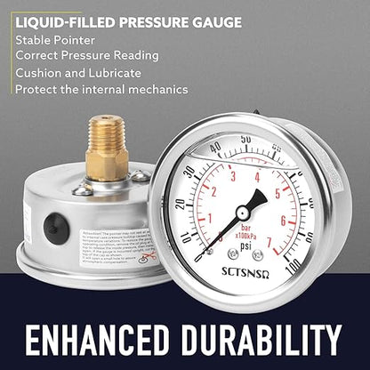 2-1/2" Dial Size, 0-100 Psi Pressure Gauge, Glycerin Liquid Filled, 1/4" NPT Back Mount, Stainless Steel Case, for Water Pump, Pneumatic Air, Well Tank, RV Hose, Gas, Low Pressure Test
