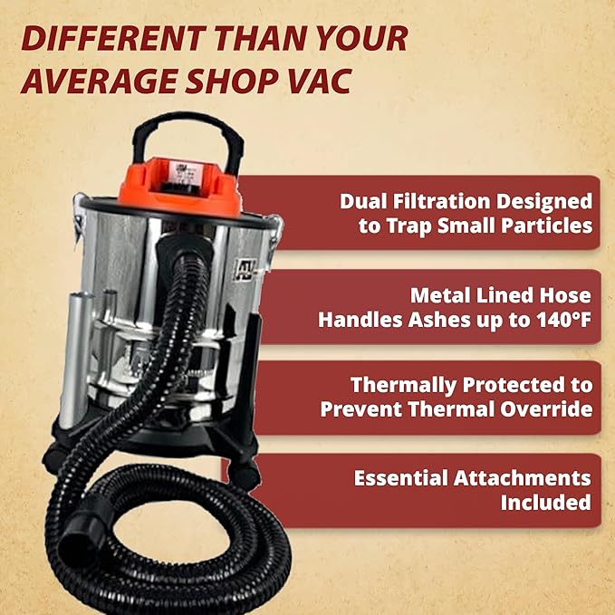 Pellethead Vault Pro Cordless Ash Vacuum – 20V Rechargeable, Dual HEPA Filters, 7-Foot Hose, Brush & Crevice Tools, Stainless Steel Body for Stoves, Fireplaces & Grills
