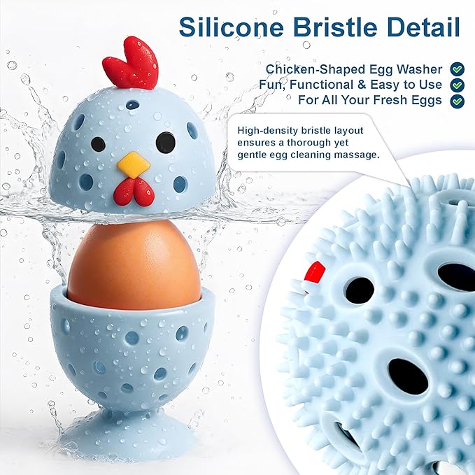 Egg Washer for Fresh Eggs, Egg Scrubber for Fresh Eggs, 2 Reusable Silicone Chicken Shaped Scrubs, Chicken Egg Cleaner, Eggshell Cleaner for Poultry Farm, Housewife Tools Vegetable Processing (Blue)