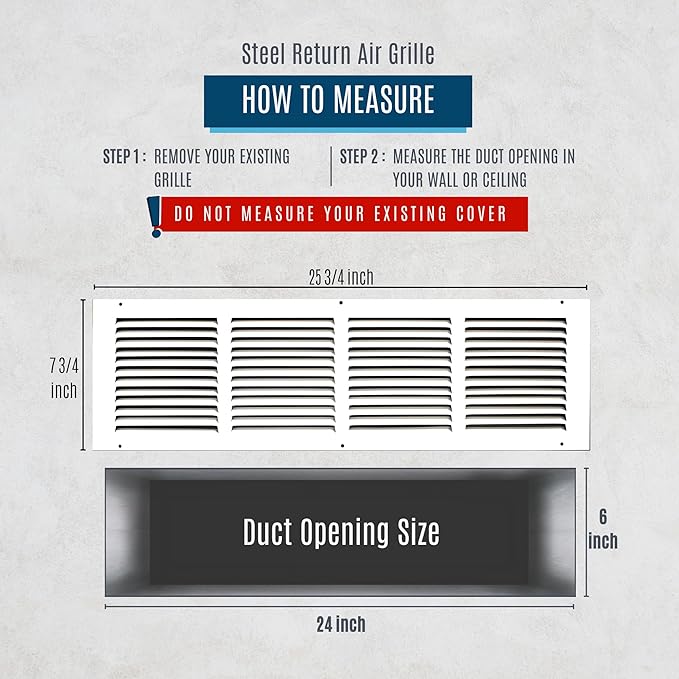 [2 Pack] Fits 24x6 Duct Opening | Steel Return Air Grille by Handua | Vent Cover Grill for Sidewall and Ceiling | White | HVAC Cold Air Intake Grille | Outer Dimensions: 25.75"W X 7.75"