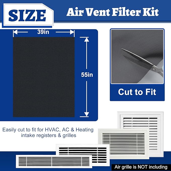 Air Vent Filter Kit, 39"x55" Cut to Fit Micro Mesh Filter with Low Resistance, Easy Air Flow, Air Vent Filters with Adhesive Hook Tape for HVAC, Registers and Grilles, Black