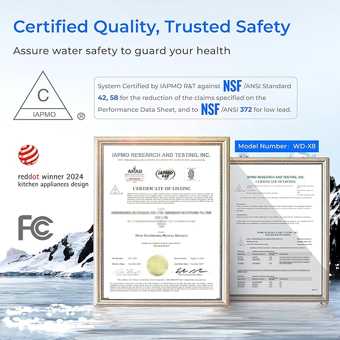 Waterdrop X8-Basic Reverse Osmosis System, NSF/ANSI 42&58&372 Certified, 800 GPD Tankless RO Water Filter, 9-Stage Filtration Undersink RO Filtration System, 2:1 Pure to Drain, Reduce PFAS, BPA Free