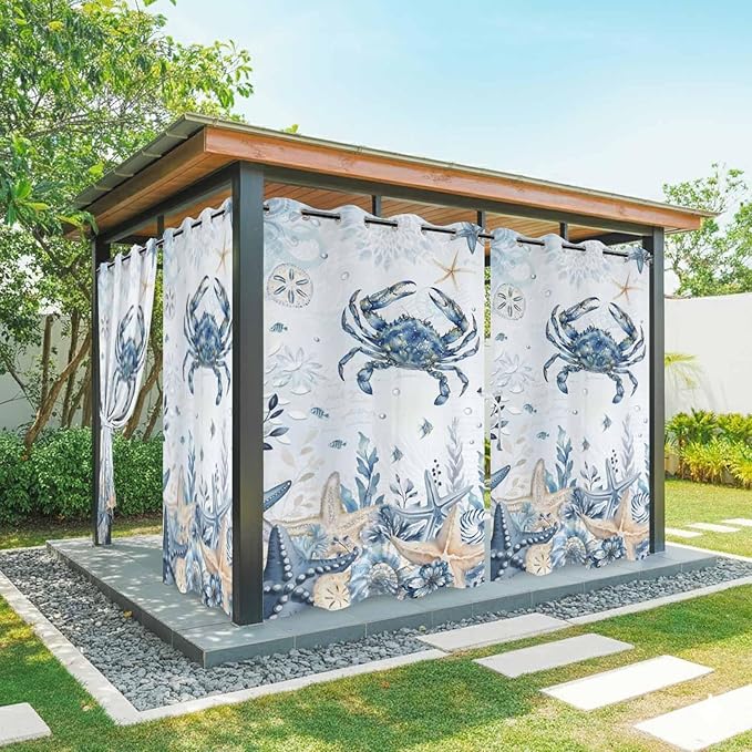 Oceans Outdoor Curtains for Patio Crabs Marine Life Shell Starfish Blue Waterproof Outside Curtains with Grommet Top Weatherproof Curtain for Cabana Pergola Gazebo, 1 Panel, 54" W x 95" L