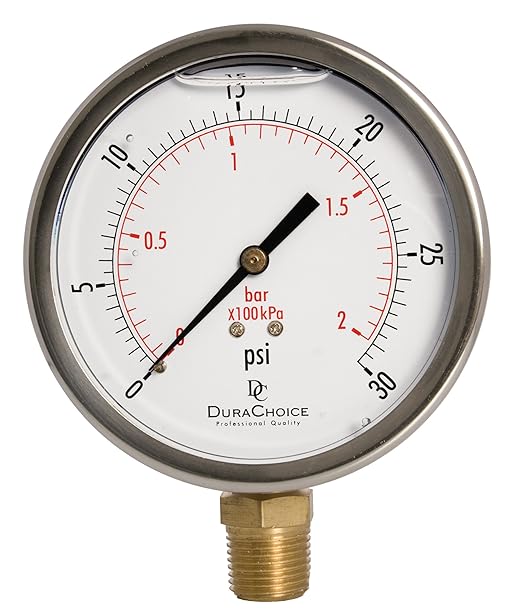 4" Oil Filled Pressure Gauge - Stainless Steel Case, Brass, 1/2" NPT, Lower Mount Connection, 0-30PSI
