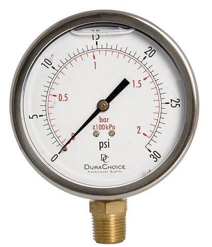 4" Oil Filled Pressure Gauge - Stainless Steel Case, Brass, 1/2" NPT, Lower Mount Connection, 0-30PSI