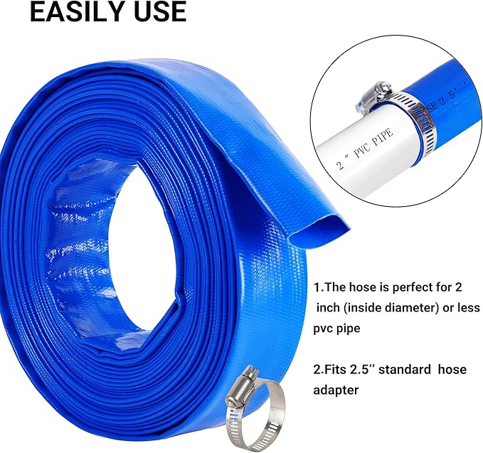 2.5" x 50 FT Pool Backwash Hose, Blue Heavy Duty Reinforced PVC Lay Flat Water Discharge Hose for Swimming Pool Filter Pump,with 2 Clamp