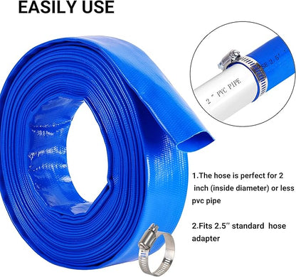 2.5" x 50 FT Pool Backwash Hose, Blue Heavy Duty Reinforced PVC Lay Flat Water Discharge Hose for Swimming Pool Filter Pump,with 2 Clamp