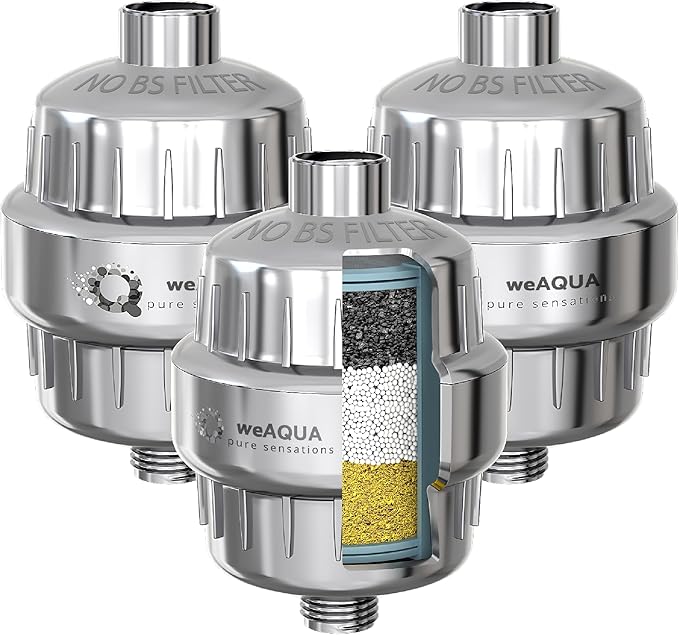 weAQUA Heavy Duty Shower Filter Jumbo 3 PACK – 99% Removal for Hard Water, Chlorine, Fluoride, Heavy Metals, Micro-life, Organics and More (Chrome)
