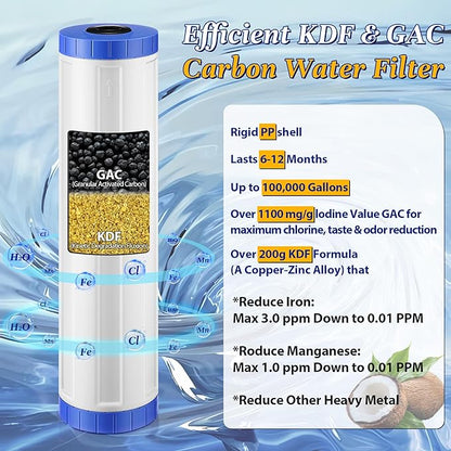KDF-20BB & GAC Carbon Water Filter, 20'' x 4.5'' Whole House Heavy Duty Radial Flow Filter Replacement Cartridge with Kinetic Degradation Fluxion(KDF) & Granular Activated Carbon (GAC)