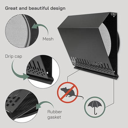 Vent Systems 10" Inch Supply Vent Cover with Rubber Gasket - Graphite Black Galvanized Steel - Robust and Weatherproof Outdoor Air Intake Box - Duct or Surface Mounting - Rain, Snow Protection
