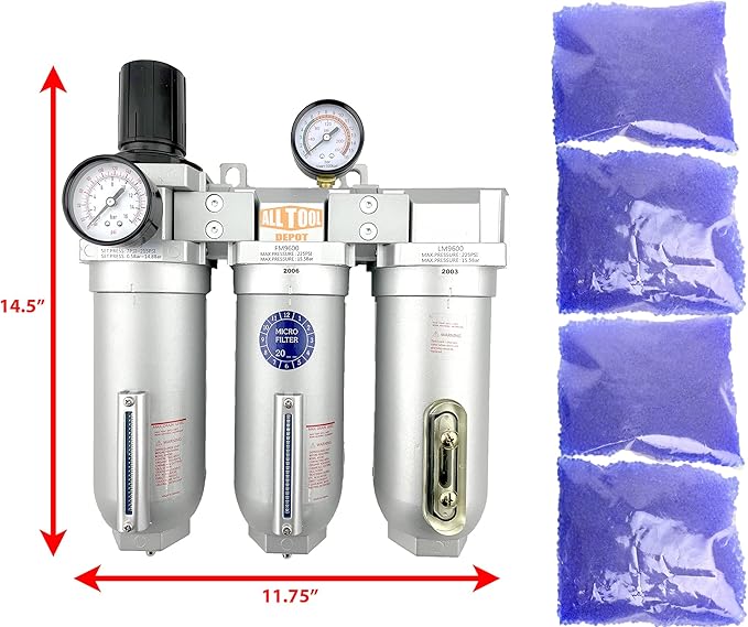 1" NPT SUPER DUTY Industrial Grade Filter Regulator Coalescing Desiccant Dryer System For Compressed Air Lines, Metal Bowls, Great For Paint Spray And Plasma Cutter (MANUAL DRAIN)